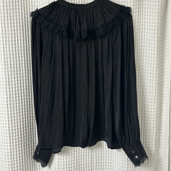 Current Air Black Button Up Lace Detail Long Sleeve Silky Top Blouse Large - Picture 6 of 7